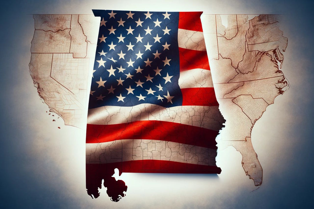 Karte von Alabama und USA-Flagge