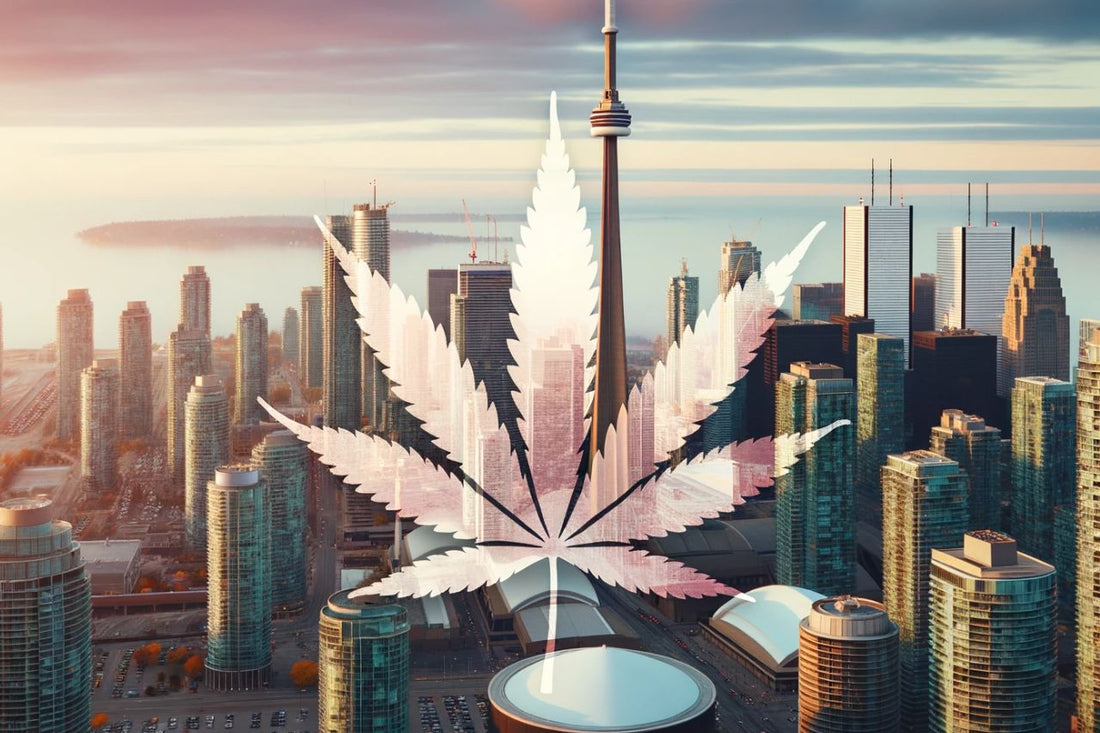 Durchsichtiges Cannabisblatt mit Stadtbild im Hintergrund