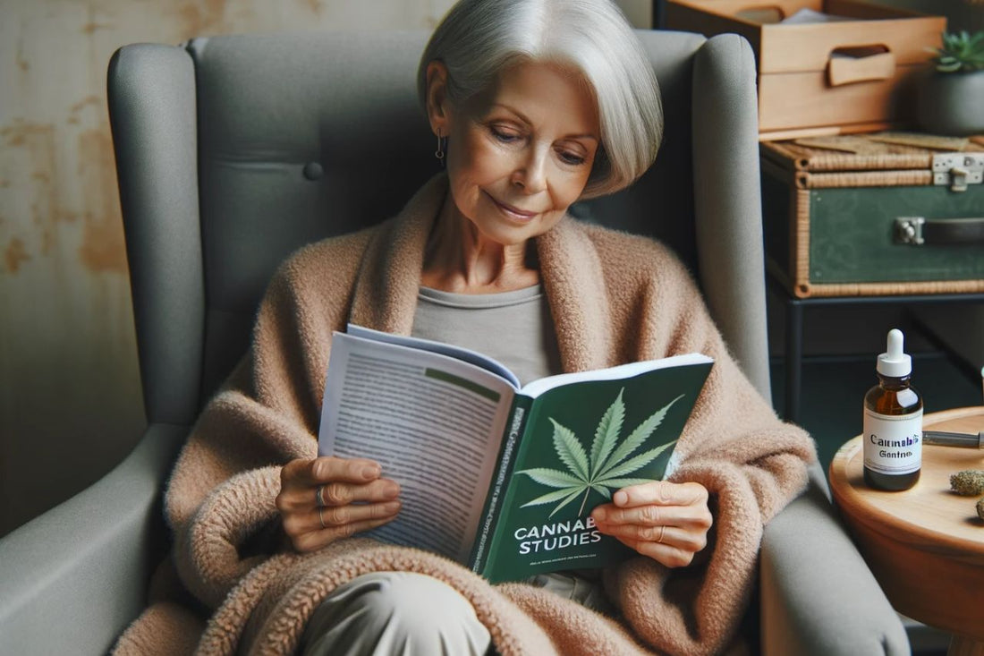  Ältere Frau hält ein Buch über Cannabis