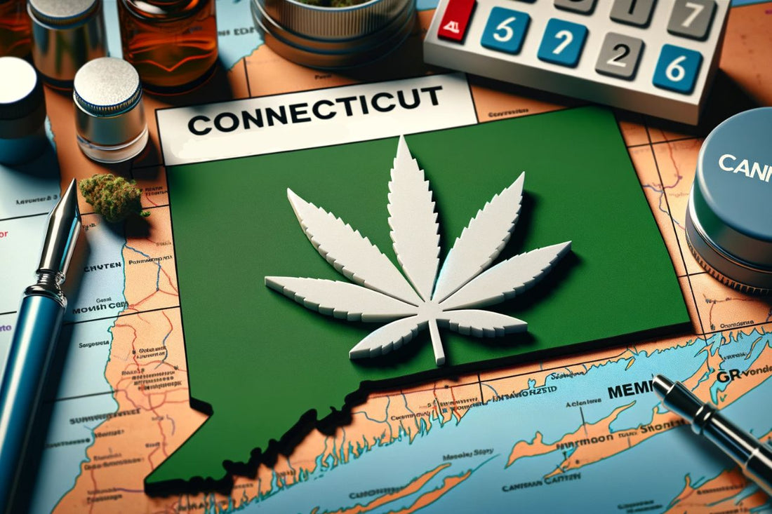 Cannabiszeichen und eine Karte von Connecticut