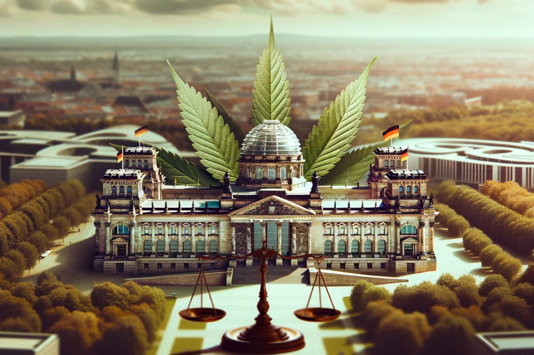 Deutsches Gebäude mit Cannabisblatt