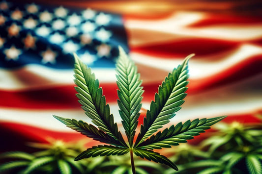 Cannabisblatt vor der Flagge der USA