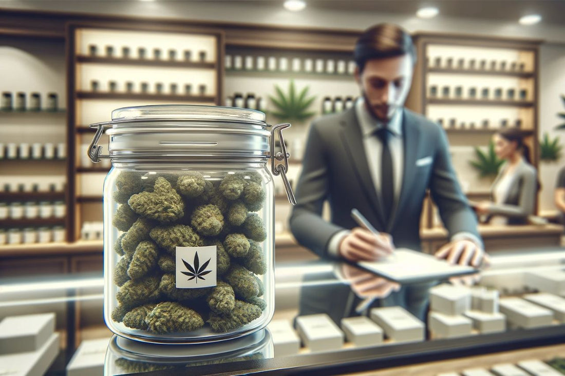 Eine Dose Cannabis in einer Apotheke