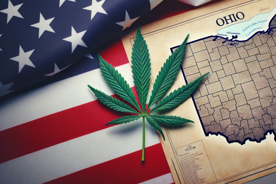 Cannabis-Blatt, Flagge der USA, Karte von Ohio