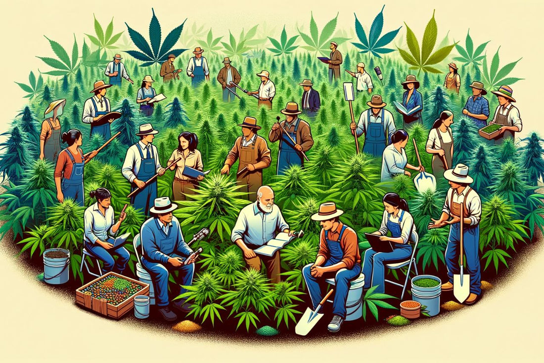 Eine Gruppe von Menschen in einem Cannabisfeld