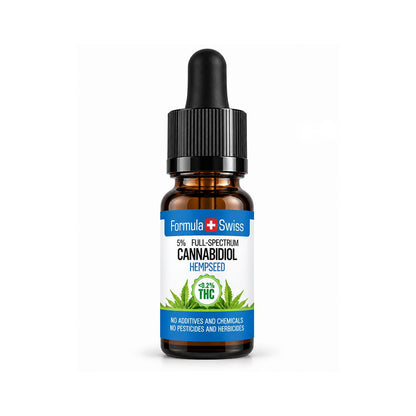 Braunglas-Pipettenflasche Formula Swiss CBD-Öl in Hanfsamenöl, weisses Etikett mit blauen Streifen und grünen Hanfblättern