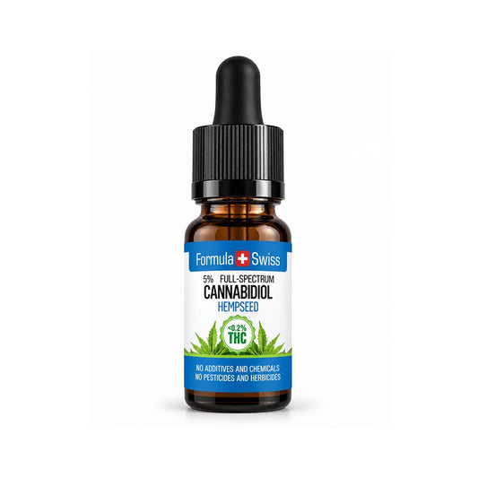 Braunglas-Pipettenflasche Formula Swiss CBD-Öl in Hanfsamenöl, weisses Etikett mit blauen Streifen und grünen Hanfblättern