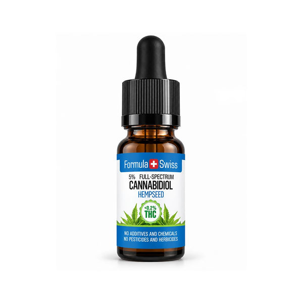 Braunglas-Pipettenflasche Formula Swiss CBD-Öl in Hanfsamenöl, weisses Etikett mit blauen Streifen und grünen Hanfblättern