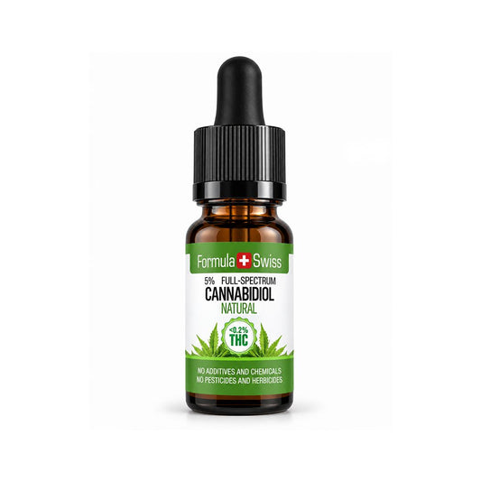 10-ml-Braunglasflasche mit Pipette: Formula Swiss CBD-Öl Natur, 5 % Vollspektrum, weiss-grünes Etikett
