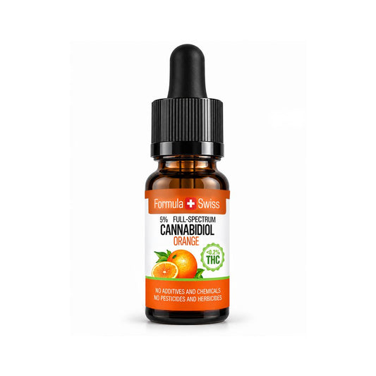 Braunglas-Pipettenflasche Formula Swiss CBD-Öl Orange, 5 % Vollspektrum, <0,2 % THC, weiss-oranges Etikett
