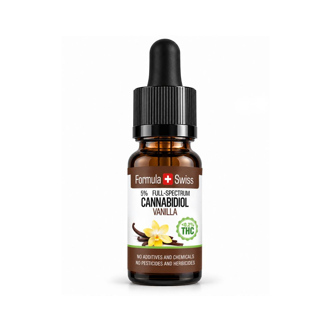 Braunglas-Pipettenflasche Formula Swiss CBD-Öl Vanille, 5 % Vollspektrum, weisses Etikett mit Vanilleblüten