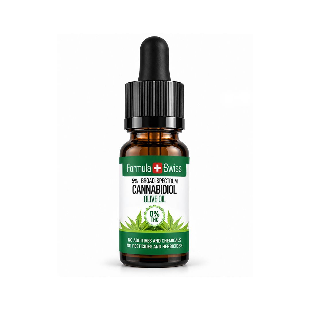 Braunglas-Pipettenflasche Formula Swiss CBD-Öl in Olivenöl, 0 % THC, weisses Etikett, hellgrauer Hintergrund